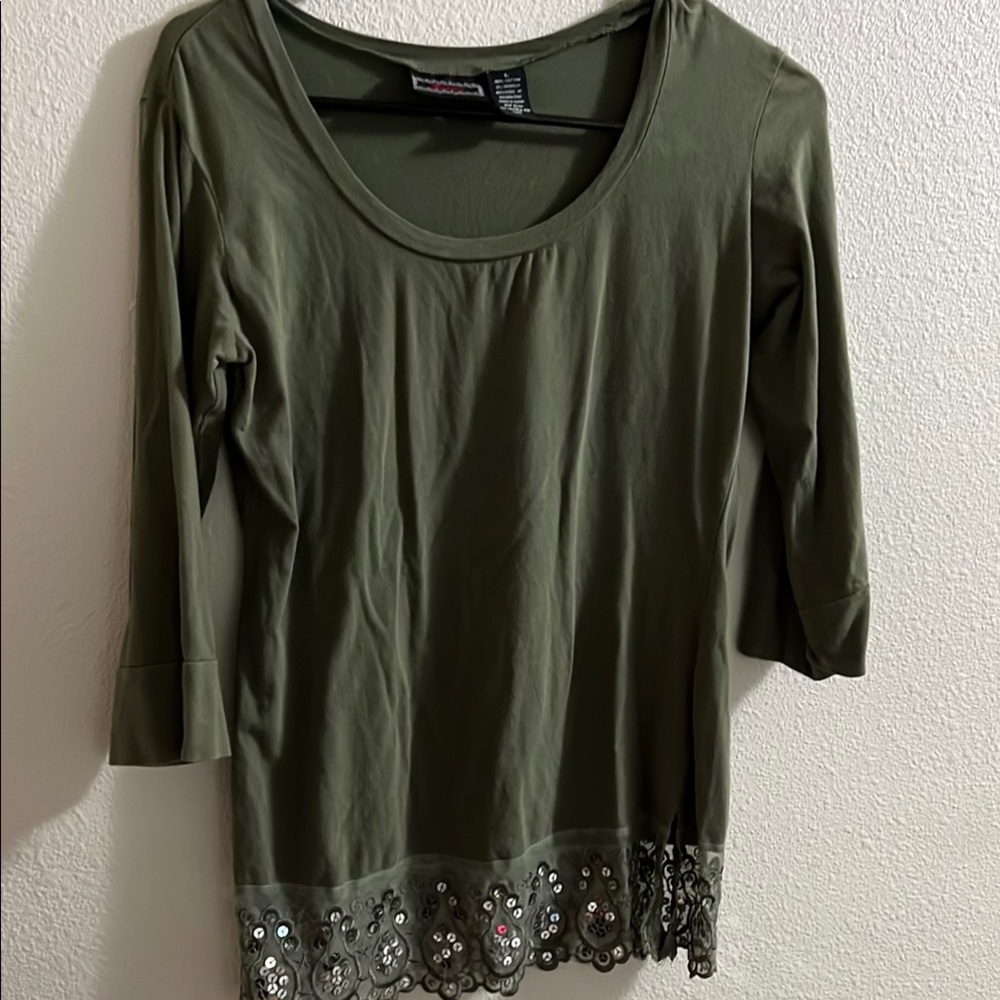 Olive Green Women's Top with Lace Hem